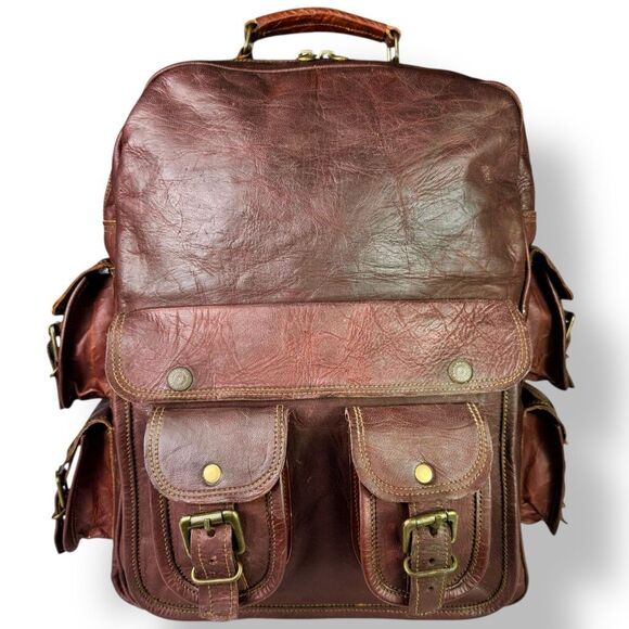 Vintage Distressed Handmade Rugged Rustic Brown Buffalo Leather Backpack Bag - Picture 2 of 11